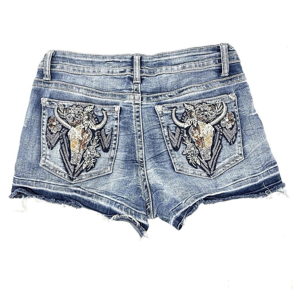 Telepatia Y2K McBling Cow Bull Skull Bling Rhinestone Denim Shorts Size 9 / 29